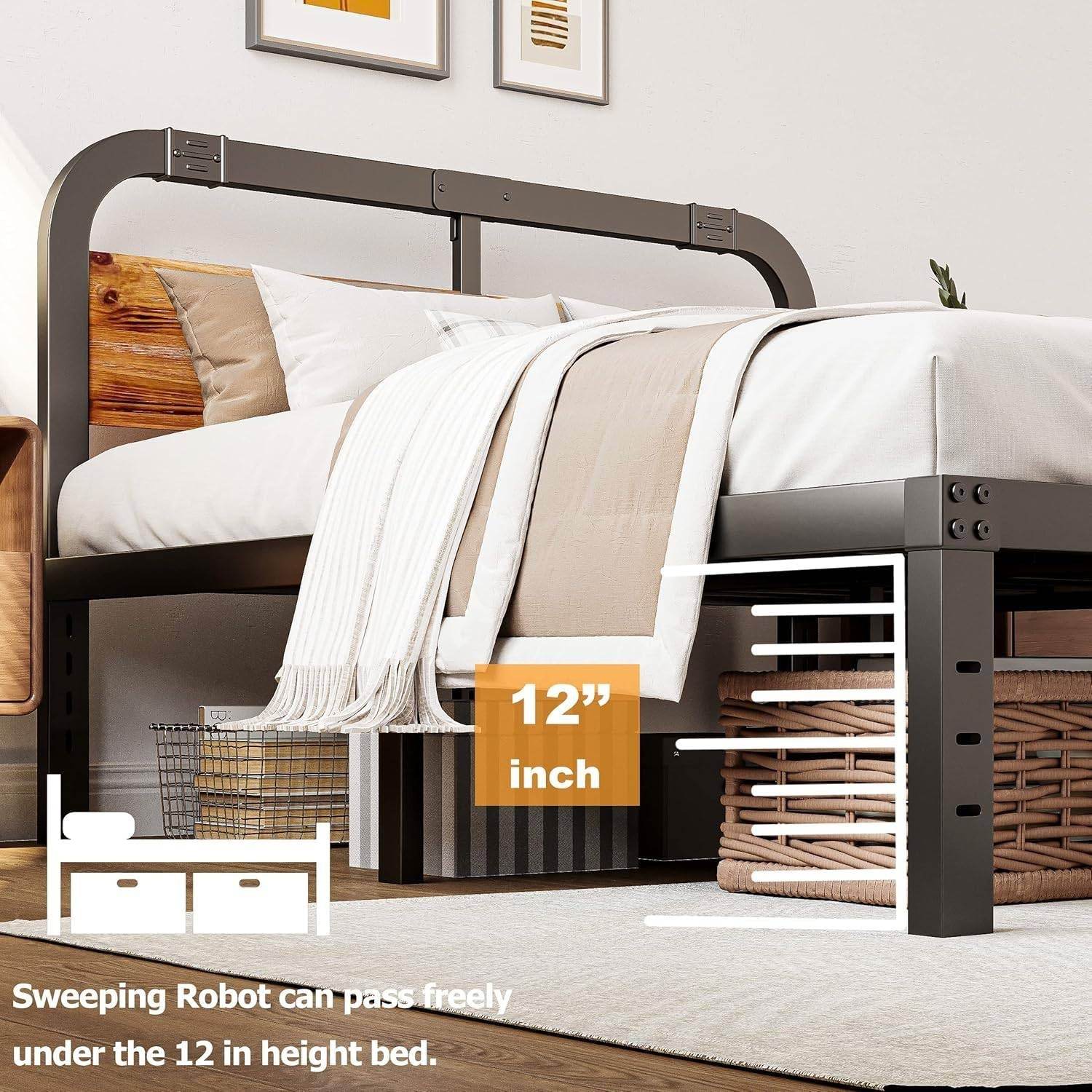 California King Heavy Duty Black Metal Bed Frame with Wood Panel Headboard - Loft&Timber