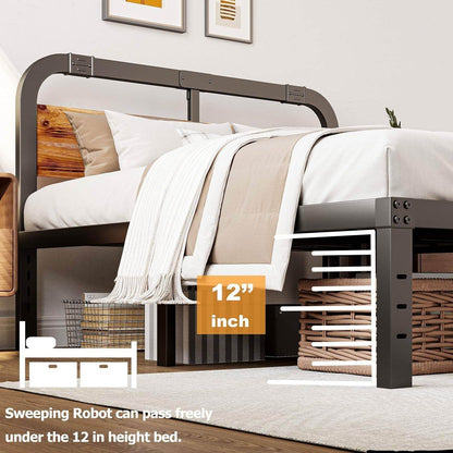 California King Heavy Duty Black Metal Bed Frame with Wood Panel Headboard - Loft&Timber