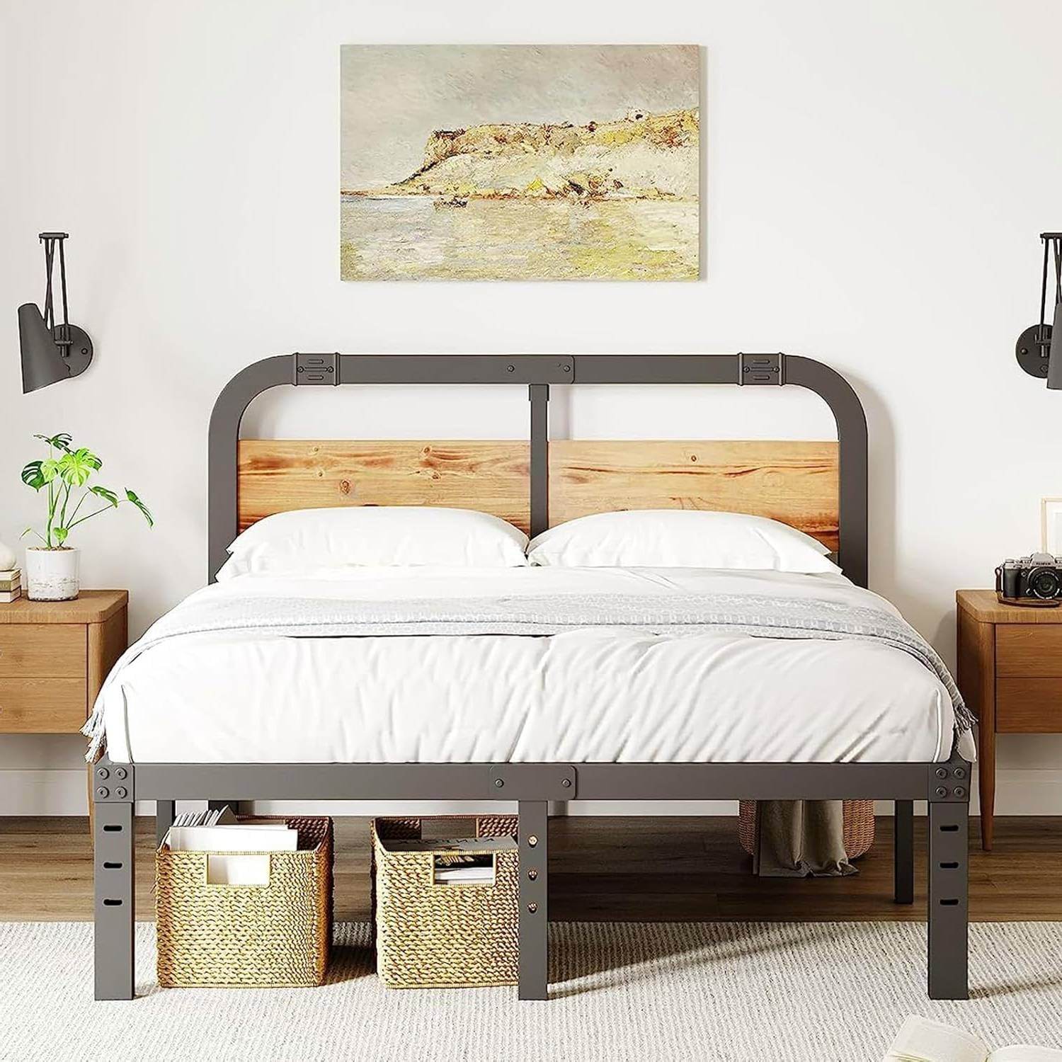 California King Heavy Duty Black Metal Bed Frame with Wood Panel Headboard - Loft&Timber