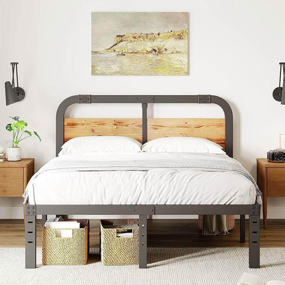 California King Heavy Duty Black Metal Bed Frame with Wood Panel Headboard - Loft&Timber