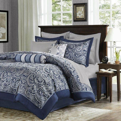 California King 12-piece Reversible Microfiber Comforter Set Navy Blue White - Loft&Timber