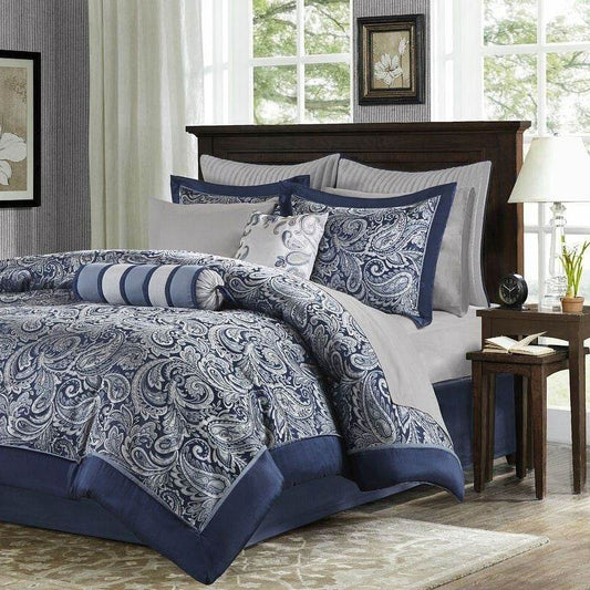 California King 12-piece Reversible Microfiber Comforter Set Navy Blue White - Loft&Timber