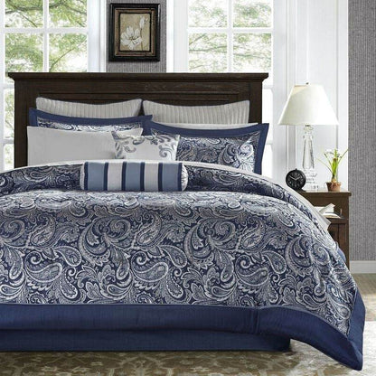 California King 12-piece Reversible Microfiber Comforter Set Navy Blue White - Loft&Timber