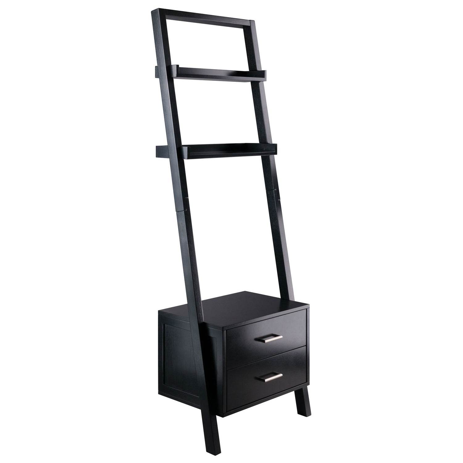 Modern Black 2 Drawer Entryway Shelf Leaning Ladder Bookshelf Bookcase - Loft&Timber