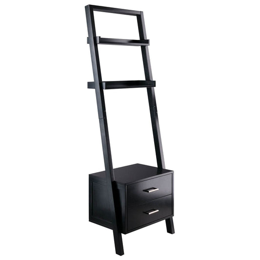 Modern Black 2 Drawer Entryway Shelf Leaning Ladder Bookshelf Bookcase - Loft&Timber