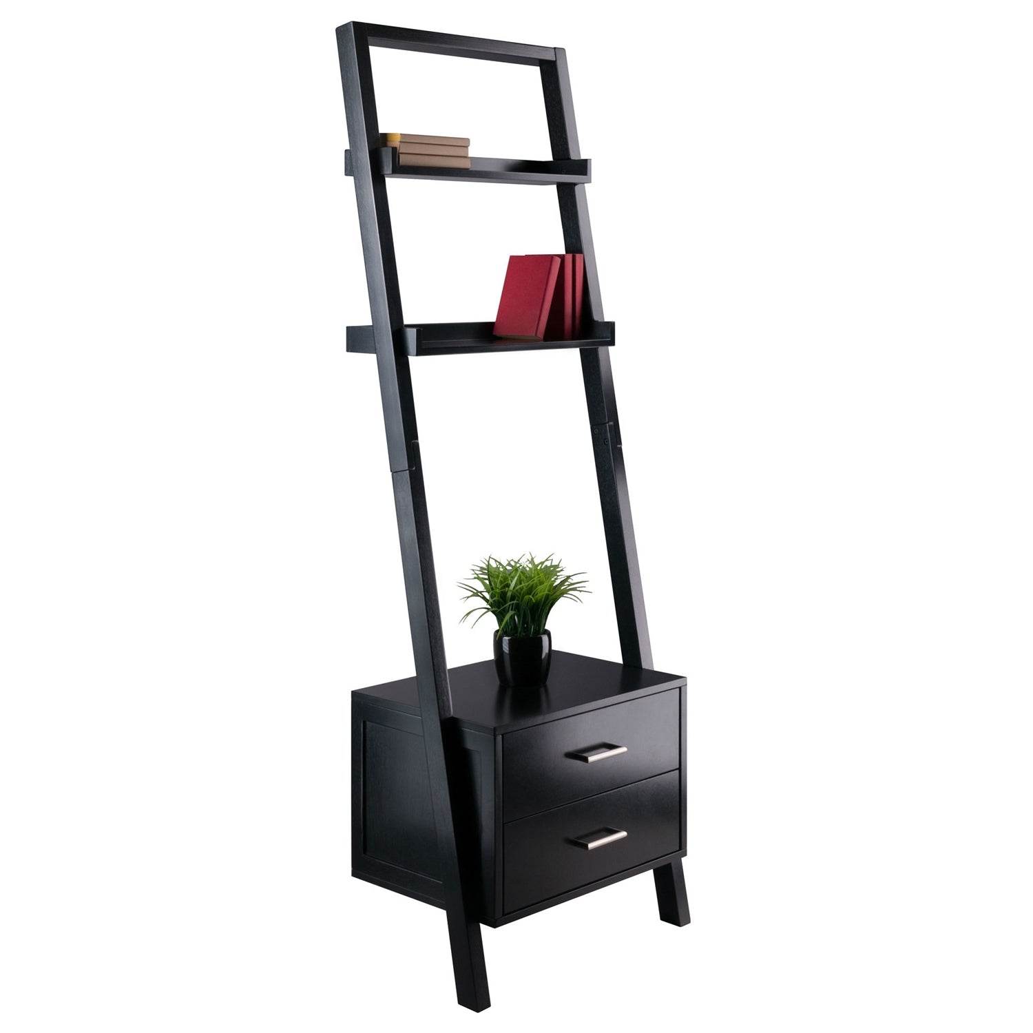 Modern Black 2 Drawer Entryway Shelf Leaning Ladder Bookshelf Bookcase - Loft&Timber