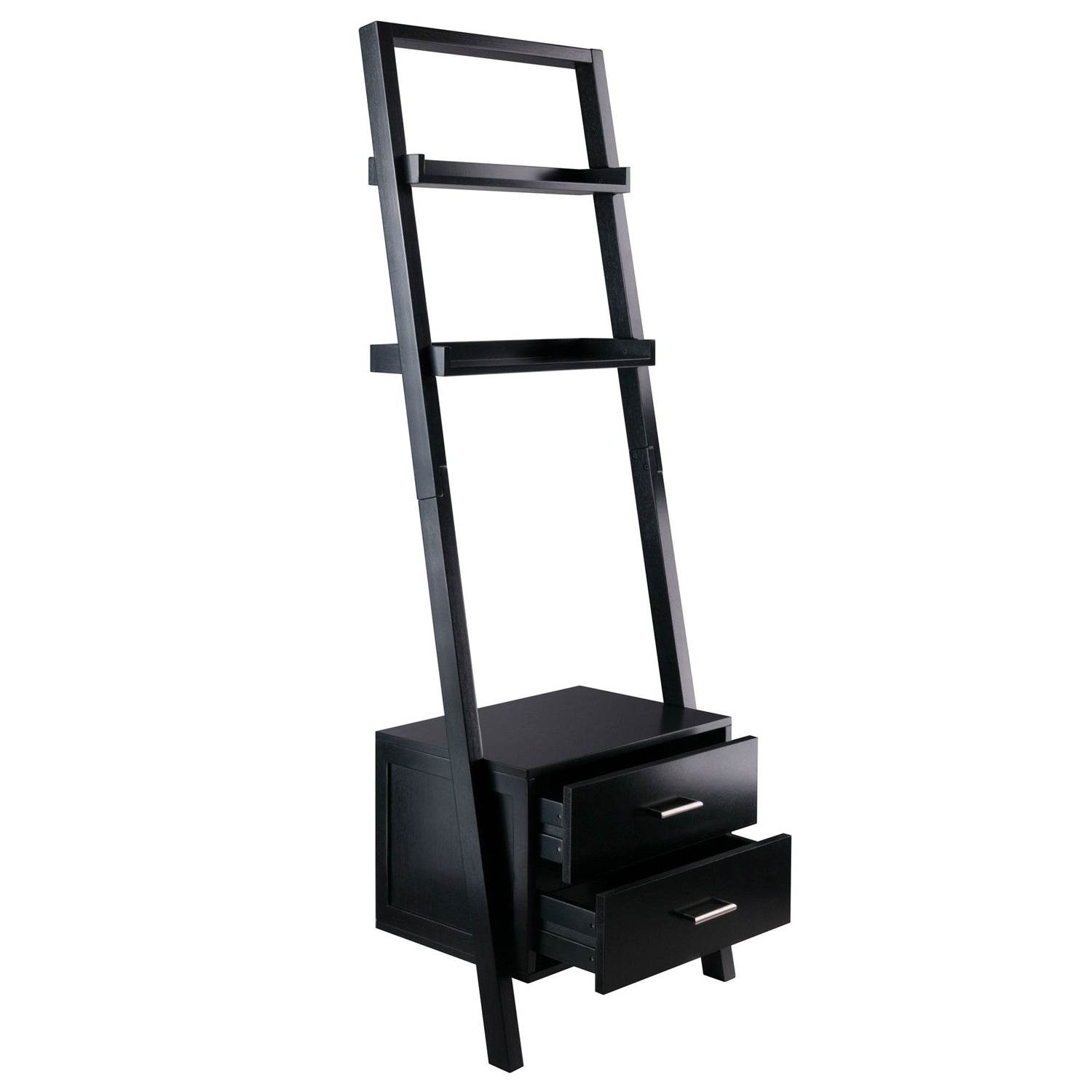 Modern Black 2 Drawer Entryway Shelf Leaning Ladder Bookshelf Bookcase - Loft&Timber