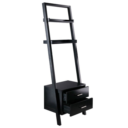 Modern Black 2 Drawer Entryway Shelf Leaning Ladder Bookshelf Bookcase - Loft&Timber