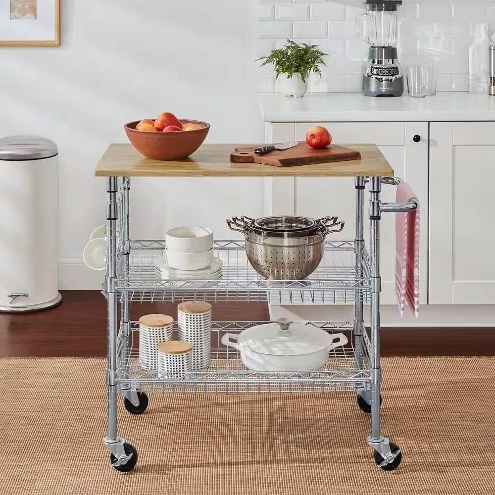 Kitchen Island Cart with Wood Top and 2 Bottom Storage Shelves on Wheels - Loft&Timber