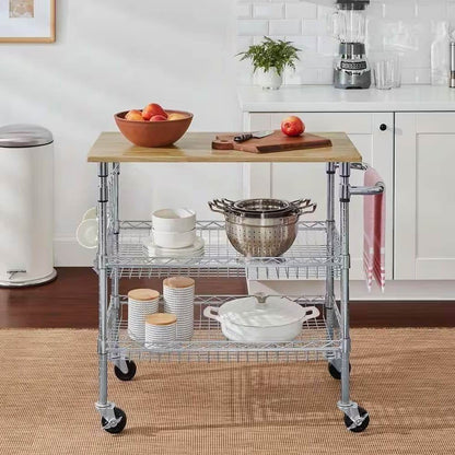 Kitchen Island Cart with Wood Top and 2 Bottom Storage Shelves on Wheels - Loft&Timber