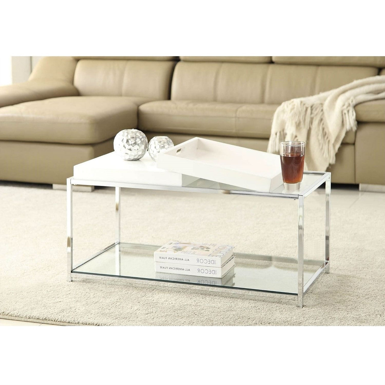 Modern Chrome Metal Coffee Table with 2 White Removable Trays-0