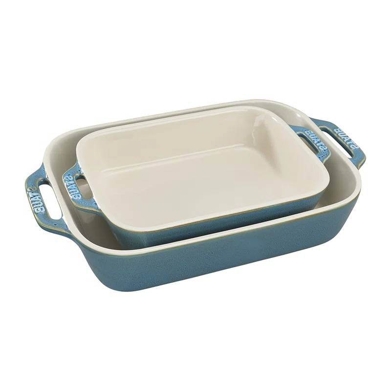 Set of 2 - Ceramic Stoneware Baking Dish Set in Blue Green Turquoise Ivory - Loft&Timber