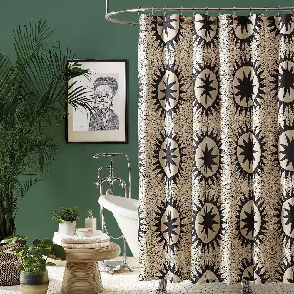 72 x 72 in. Cotton Poly Shower Curtain w/ Cream Brown Sun Star Medallion Pattern - Loft&Timber