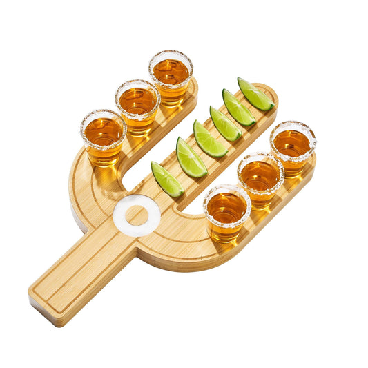 Cactus Tequila Tray & Shot Glasses Set - Tequila Gifts & Mexican Gifts - Bamboo Shot Glass Holder Serving Tray - Flight Board with Lemon Bowl, Salt Rimmer & Shot Glass Set - Party Shot Board, Gift - Loft&Timber