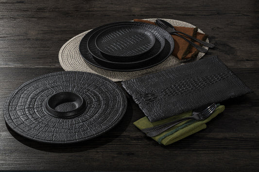 Black Porcelain Slate look Round Plate / Platter With Rustic Texture 13" inch - Loft&Timber