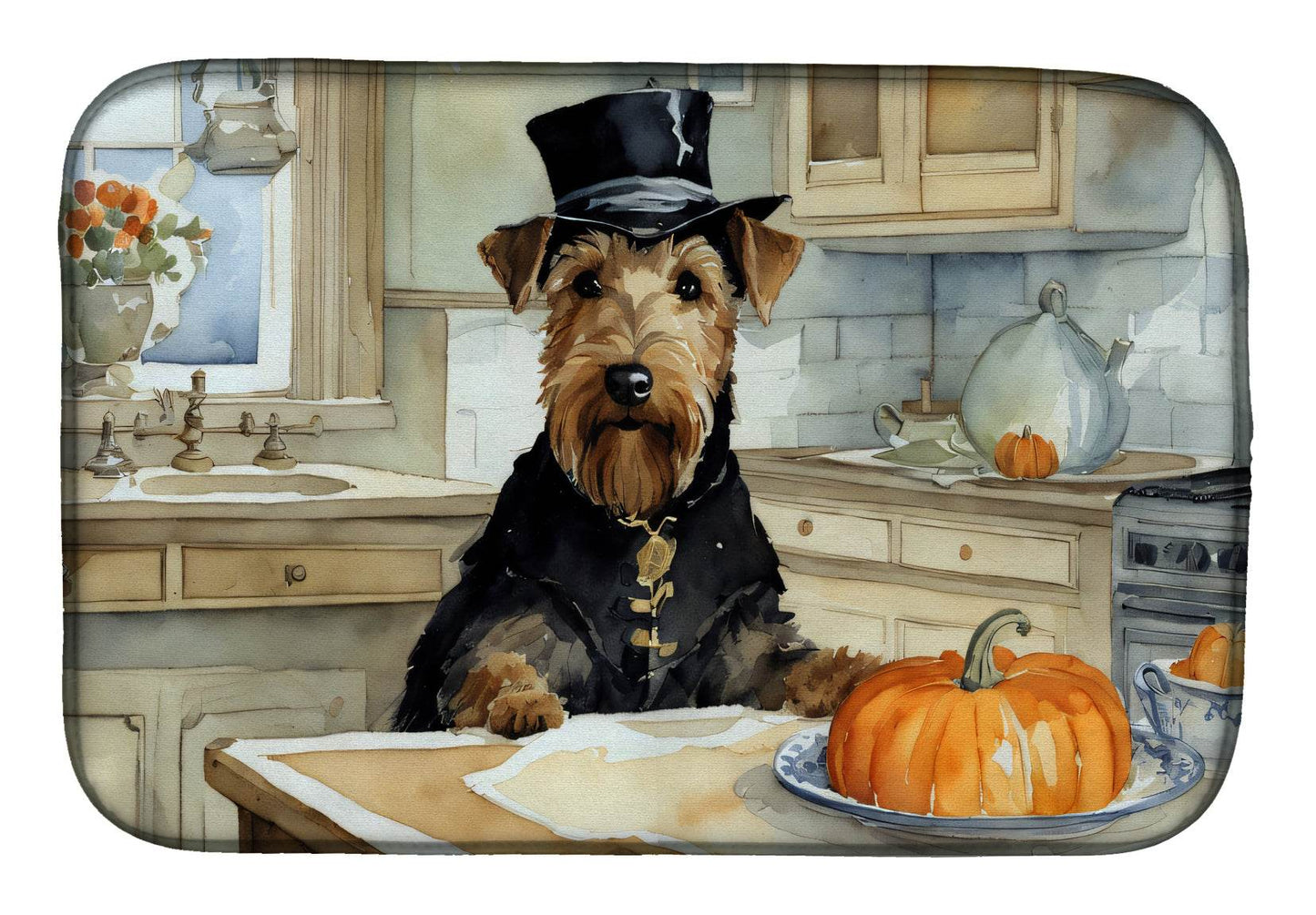Airedale Terrier Fall Kitchen Pumpkins Dish Drying Mat - Loft&Timber