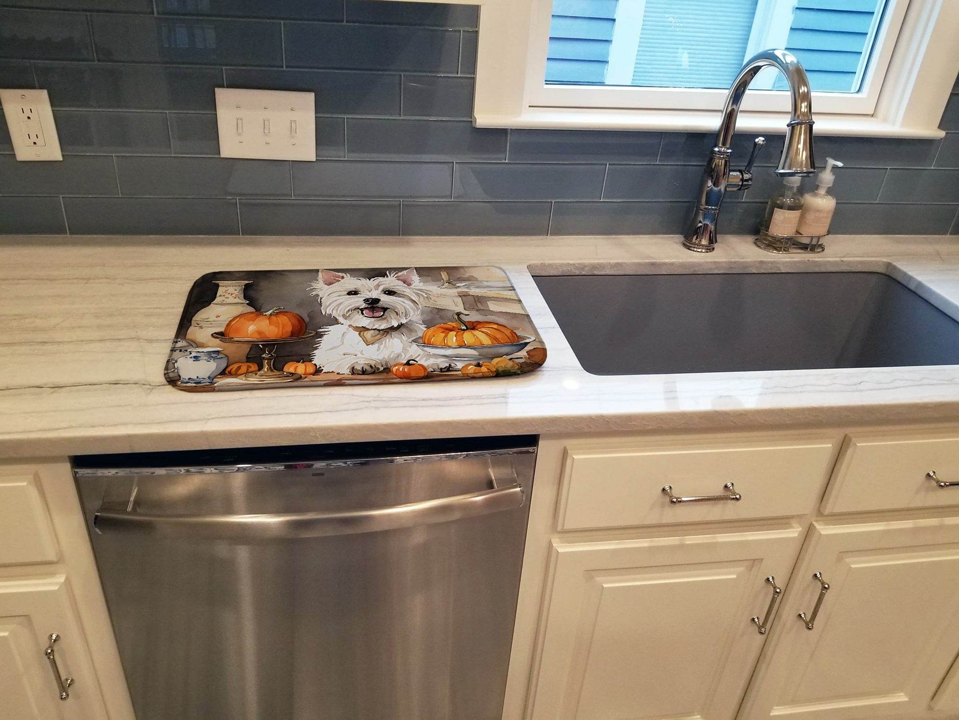 Westie Fall Kitchen Pumpkins Dish Drying Mat - Loft&Timber