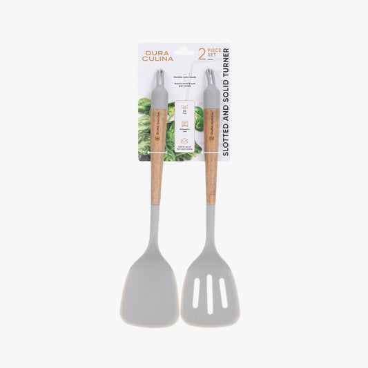 2-Piece Solid & Slotted Turner Set – Acacia Wood Handles, Non-Stick Safe Nylon Heads, Soft Grip Handles, Heat Resistant - Loft&Timber