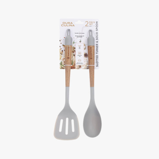 2-Piece Solid Spoon & Slotted Turner Set –Acacia Wood Handles, Non-Stick Safe Nylon Heads, Soft Grip Handles, Heat Resistant - Loft&Timber