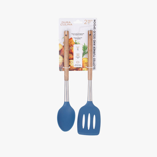 2-Piece Solid Spoon & Slotted Turner Set - Acacia Wood & Stainless Steel Handles, Silicone Heads, Non-Stick Safe, Navy - Loft&Timber