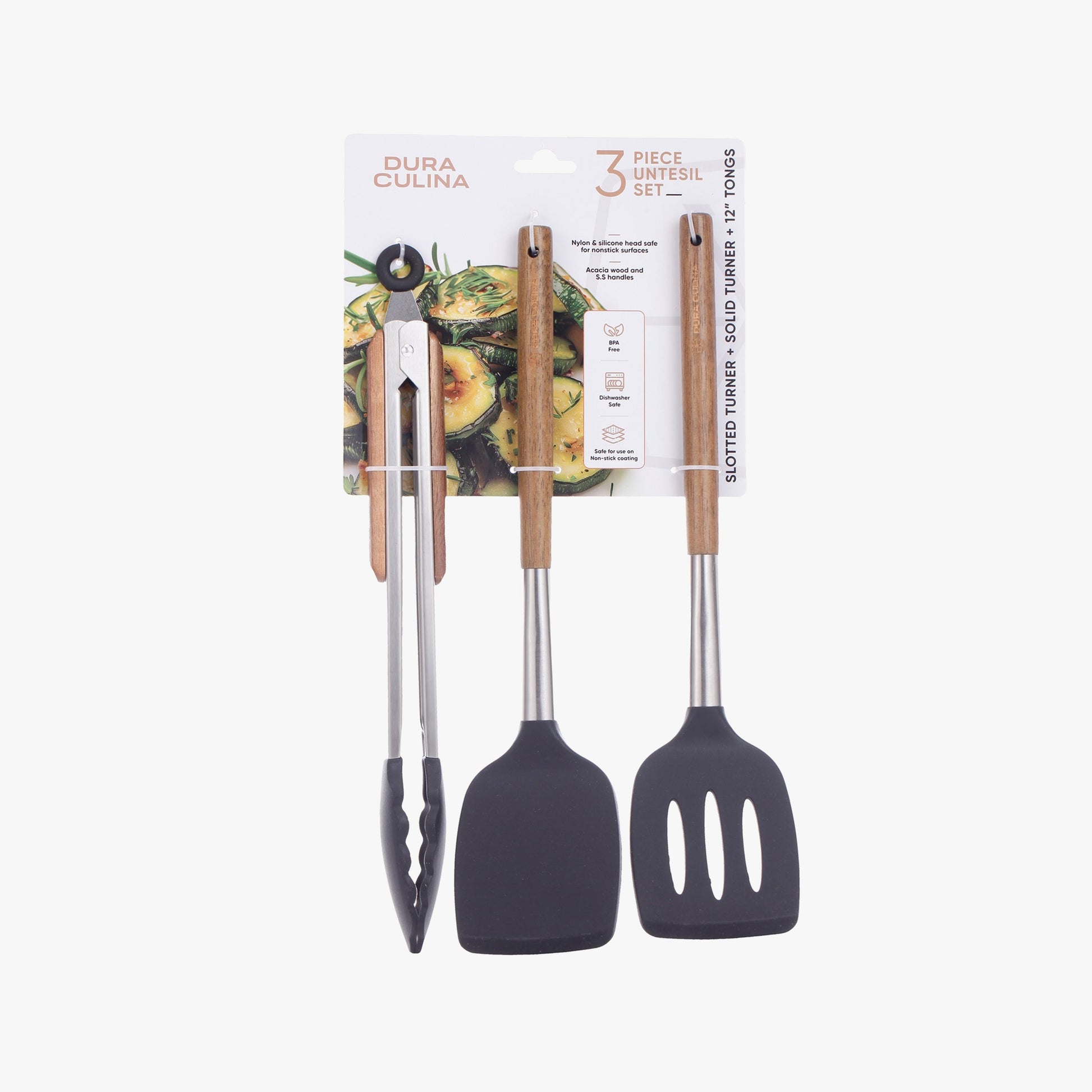 3-Piece Kitchen Tool Set - Acacia Wood & Stainless Steel Handles, Silicone Heads, Non-Stick Safe, Black-0