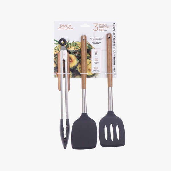 3-Piece Kitchen Tool Set - Acacia Wood & Stainless Steel Handles, Silicone Heads, Non-Stick Safe, Black-0
