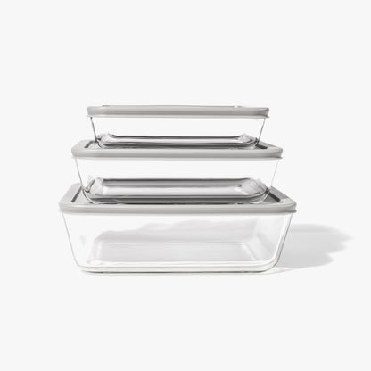 Glass Food Storage Containers - 6 Piece (3 Containers + 3 Lids) Rectangular Nesting Space-Saving Set - Loft&Timber