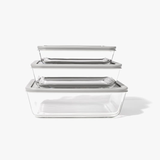 Glass Food Storage Containers - 6 Piece (3 Containers + 3 Lids) Rectangular Nesting Space-Saving Set - Loft&Timber