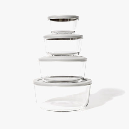 Glass Food Storage Containers - 8 Piece (4 Containers + 4 Lids) Round Nesting Space-Saving Set - Loft&Timber