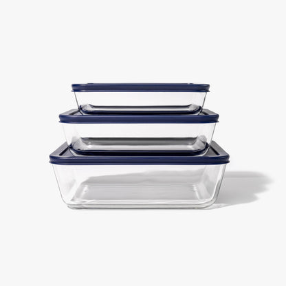 Glass Food Storage Containers - 6 Piece (3 Containers + 3 Lids) Rectangular Nesting Space-Saving Set - Loft&Timber