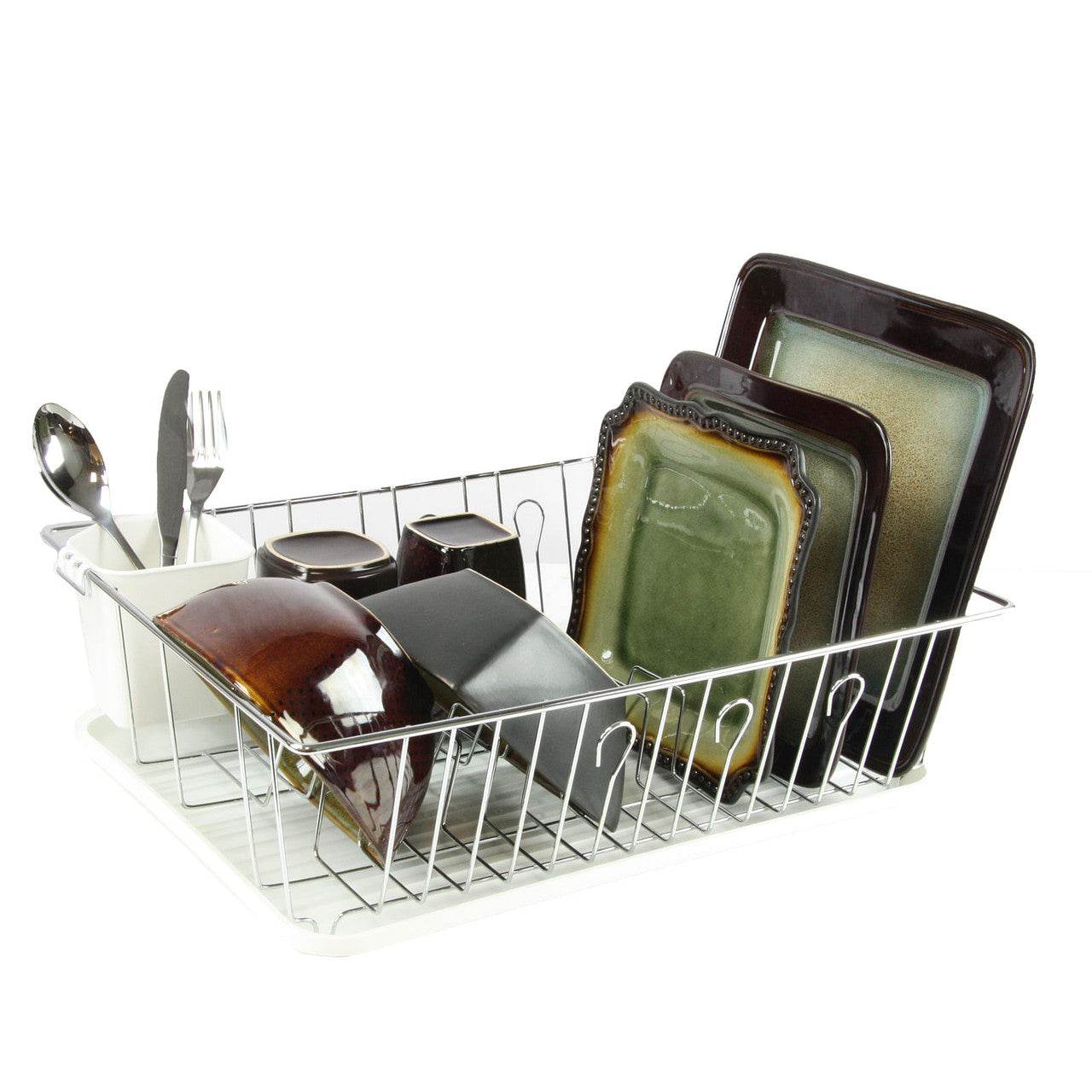MegaChef 17.5 Inch White Single Level Dish Rack with 14 Plate Positioners and a Detachable Utensil - Loft&Timber