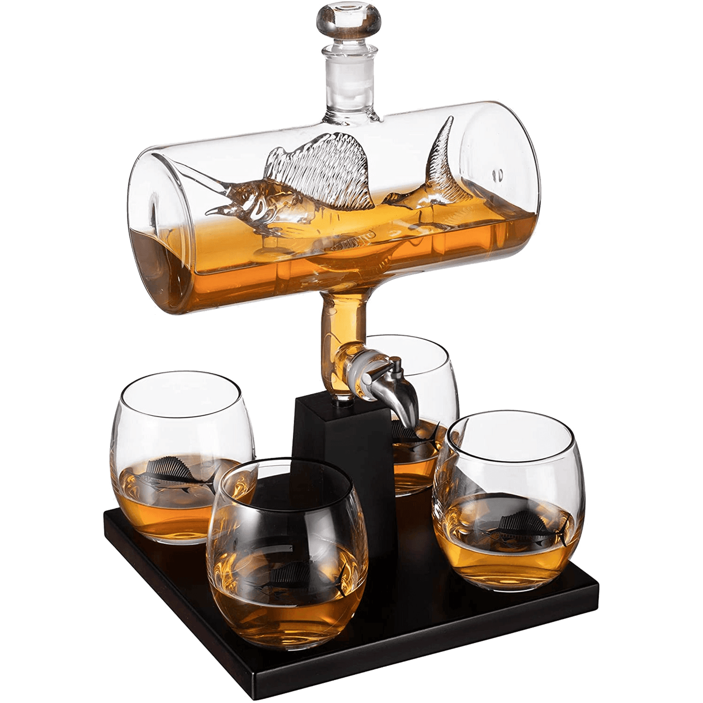 Swordfish & Sailfish Wine &Whiskey Decanter Dispenser and 4 Liquor Glasses - Fishing & Boat Decanter & Glass Set - Fishing Gifts for Men Bourbon & Scotch Decanter for Alcohol - Fisherman Gifts for Dad - Loft&Timber