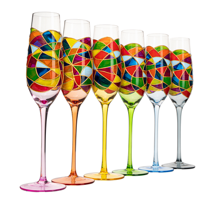 Stained Glass Champagne Flutes Set of 6 Hand Painted - Wine Savant - Hand Blown 7 Ounce Colorful Renaissance Champagne Glasses - 10.2" Tall, 2.7" Diameter Rainbow Multicolor Design Glassware - Loft&Timber