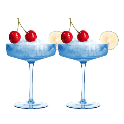 Ribbed Coupe Cocktail Glasses 8 oz | Set of 2 | Classic Manhattan Glasses For Cocktails, Champagne Coupe, Ripple Coupe Glasses, Art Deco Gatsby Vintage, Crystal with Stems (Blue, Set of 2) - Loft&Timber