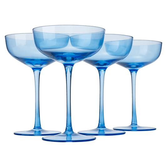 The Wine Savant Colored Coupe Glass | 7oz | Set of 4 Colorful Champagne & Cocktail Glasses, Fancy Manhattan, Crystal Martini, Cocktails Set, Margarita Bar Glassware Gift, Vintage (Blue) - Loft&Timber