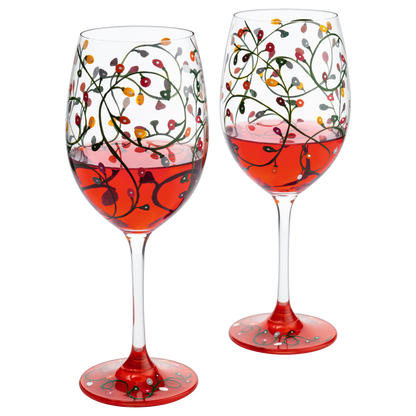 Stemmed Christmas Lights Wine Glasses Set of 2 - Hand Painted Wine Glass Ornament Light Bulbs Glasses, Perfect for Wine, Champagne, Holiday Parties and Festivities - 9.5" High, 21 oz Capacity - Loft&Timber