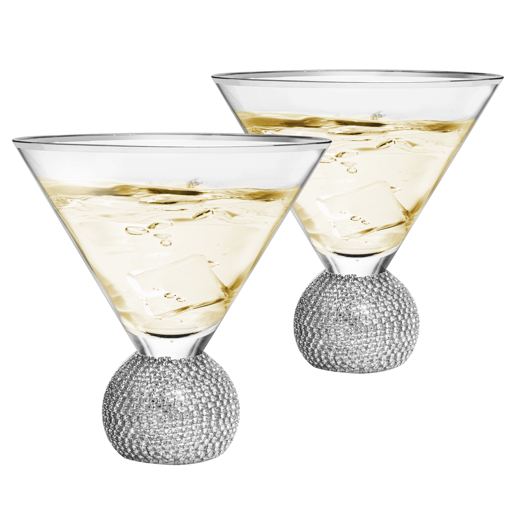 Diamond Studded Martini Glasses Set of 2 - The Wine Savant - Silver Rimmed Modern Cocktail Glass, Rhinestone Diamonds With Stemless Crystal Ball Base, Bar or Party 10.5oz, Swarovski Style Crystals - Loft&Timber