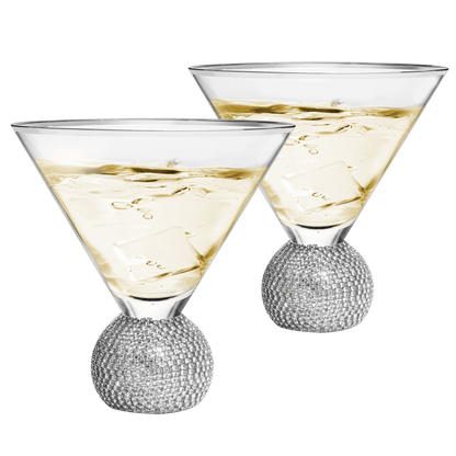 Diamond Studded Martini Glasses Set of 2 - The Wine Savant - Silver Rimmed Modern Cocktail Glass, Rhinestone Diamonds With Stemless Crystal Ball Base, Bar or Party 10.5oz, Swarovski Style Crystals - Loft&Timber