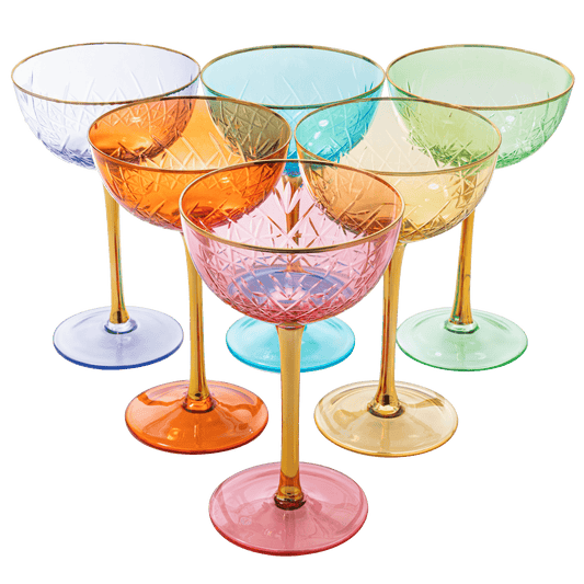 Vintage Art Deco Coupe for Champagne, Martini, Cocktails, Glasses | Set of 6 | 7 oz Classic Cocktail Glassware - Manhattan, Cosmopolitan, Sidecar, Crystal Speakeasy Style Saucer Goblets with Stems - Loft&Timber