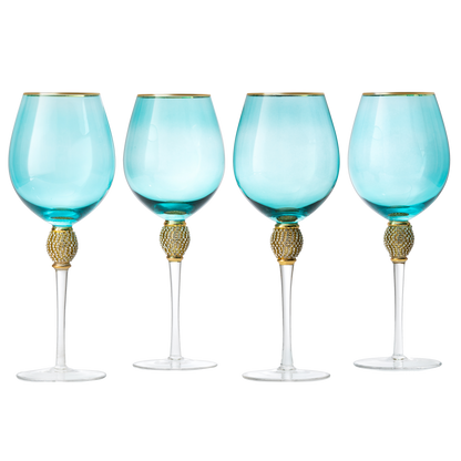 The Wine Savant Large Diamond Wine Glasses, 10" H Gold Rim Rhinestone Diamond Glasses - Wedding Glasses - 18 Ounce, Premium Designed Wine Glasses for Spirits and Wine, Gift Boxed (4, Blue) - Loft&Timber