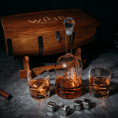 Large Display Whiskey & Wine Decanter with Antique Ship - Handcrafted Wood Barrel Storage - Wine Savant Decanters Gifts Set with 2 Glasses, & Drink Chiller Stones for Your Bar - 16" x 8" x 15" - Loft&Timber