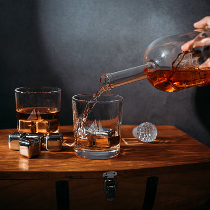 Large Display Whiskey & Wine Decanter with Antique Ship - Handcrafted Wood Barrel Storage - Wine Savant Decanters Gifts Set with 2 Glasses, & Drink Chiller Stones for Your Bar - 16" x 8" x 15" - Loft&Timber