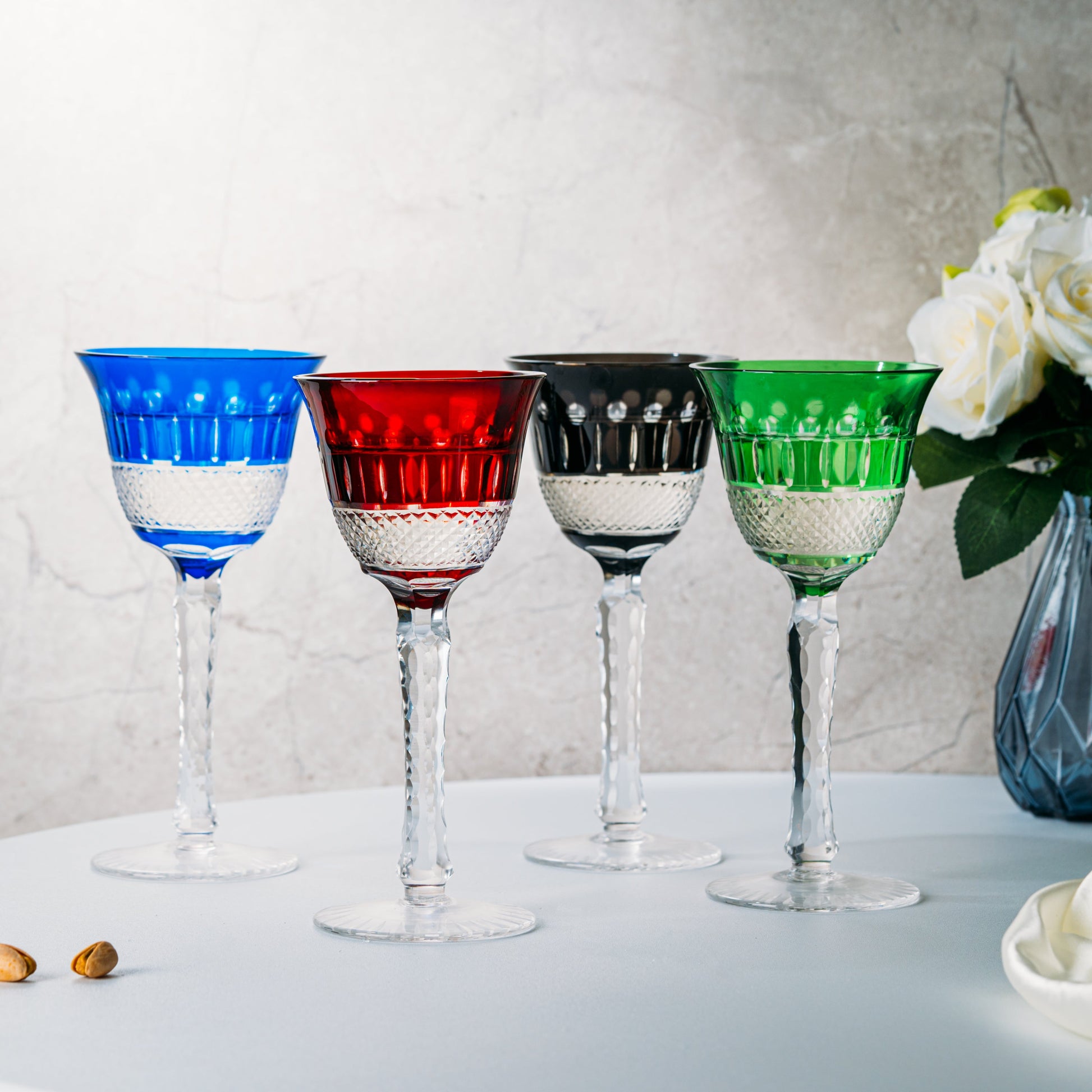 The Wine Savant Crystal Italian Multicolor Design Glasses -Set of 4 Tall Wine Glasses 6.7oz 7.7" H Venetian Italian Style Red, Blue, Green, Brown Glasses, Great for Dinner Parties, Bars & Weddings - Loft&Timber