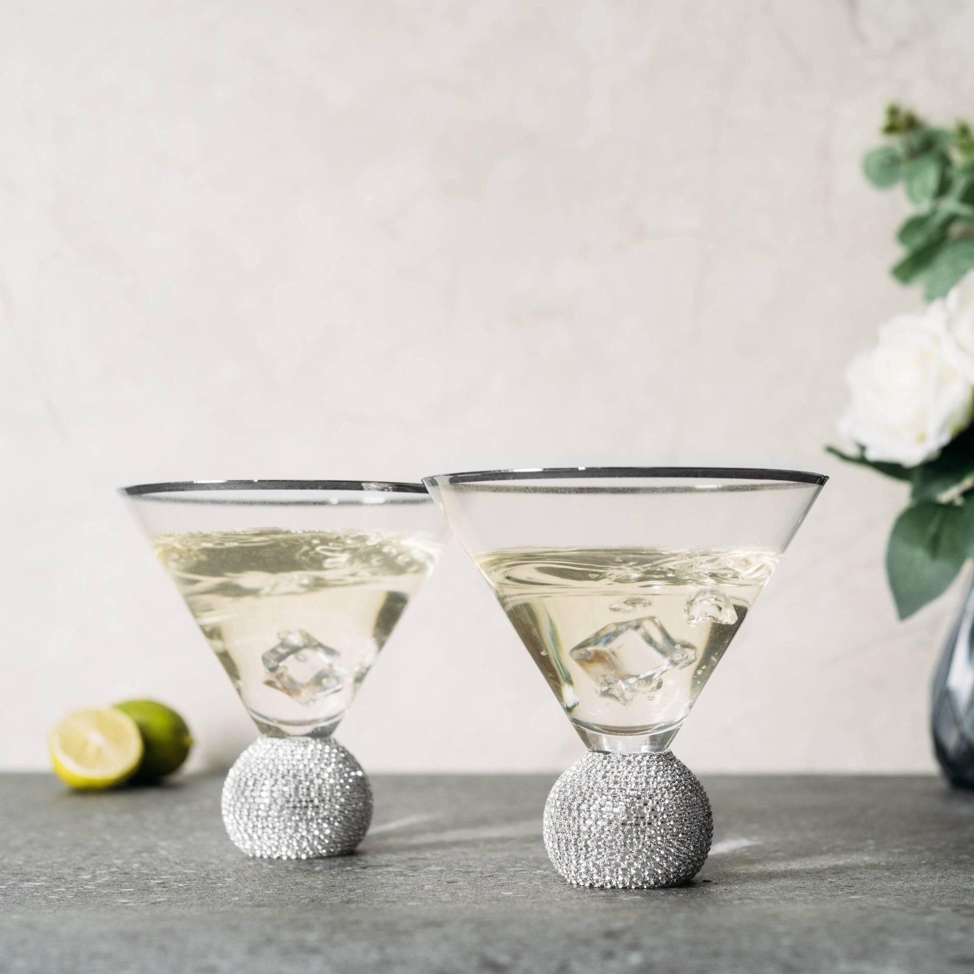 Diamond Studded Martini Glasses Set of 2 - The Wine Savant - Silver Rimmed Modern Cocktail Glass, Rhinestone Diamonds With Stemless Crystal Ball Base, Bar or Party 10.5oz, Swarovski Style Crystals - Loft&Timber