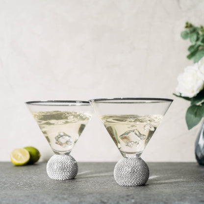 Diamond Studded Martini Glasses Set of 2 - The Wine Savant - Silver Rimmed Modern Cocktail Glass, Rhinestone Diamonds With Stemless Crystal Ball Base, Bar or Party 10.5oz, Swarovski Style Crystals - Loft&Timber