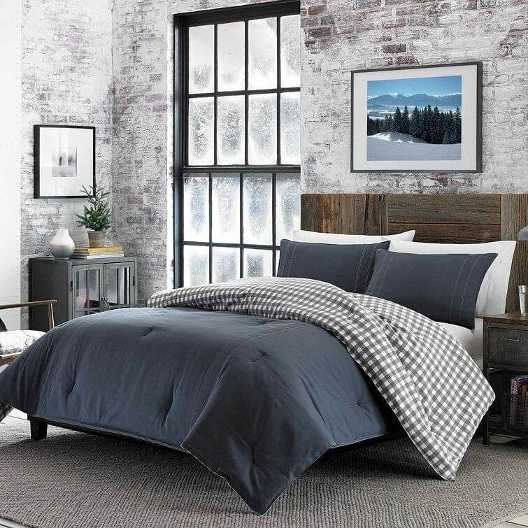 Full/Queen size 100% Cotton Reverse Plaid Gray/White Comforter Set - Loft&Timber