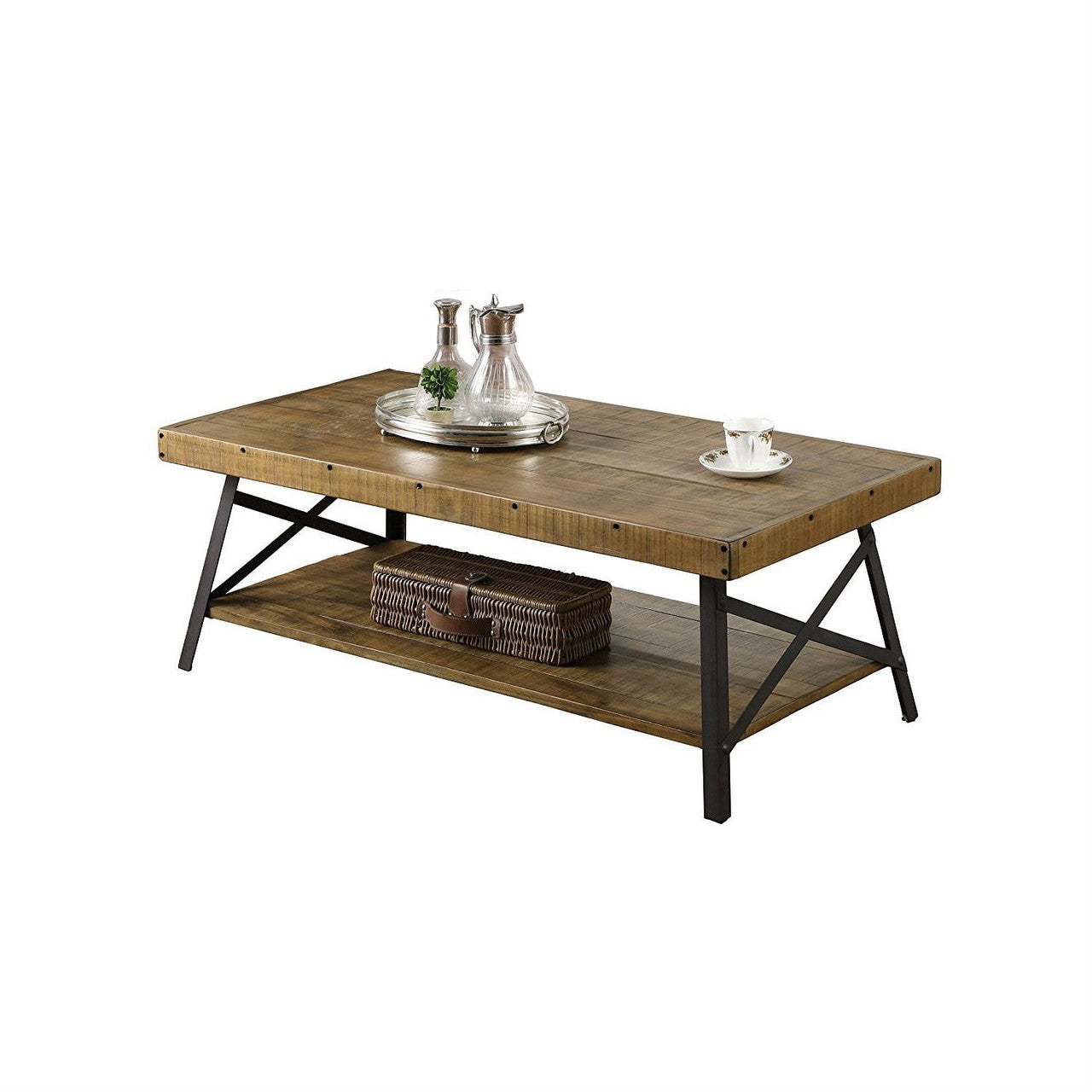 Modern Industrial Style Solid Wood Coffee Table with Steel Legs-0