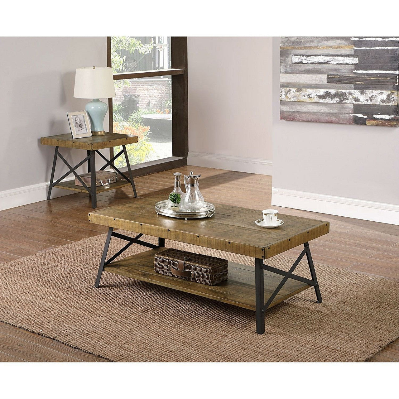 Modern Industrial Style Solid Wood Coffee Table with Steel Legs-1