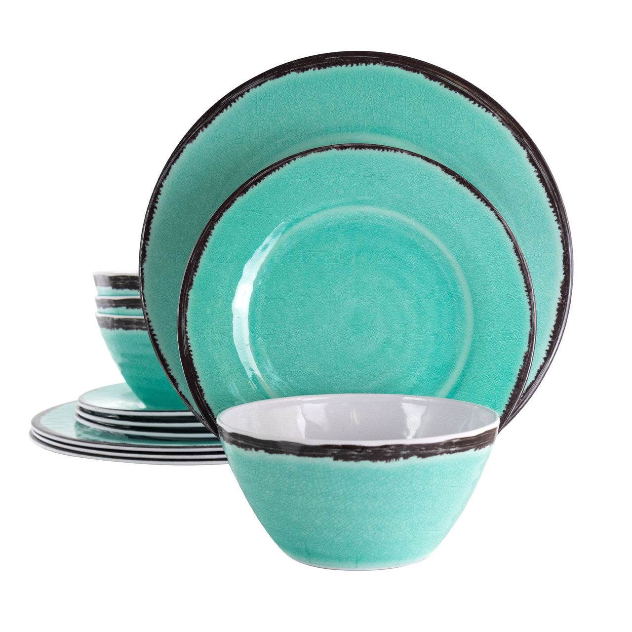 Elama Azul Banquet 12 Piece Lightweight Melamine Dinnerware Set in Turquoise - Loft&Timber