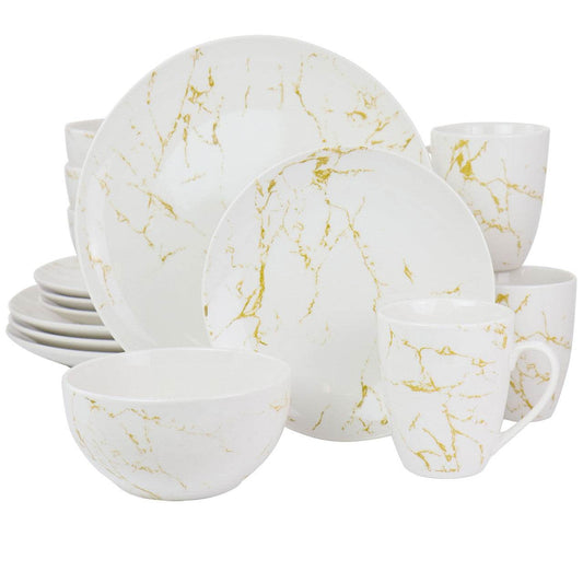 Elama Fine Marble 16 Piece Stoneware Dinnerware Set in Gold and White - Loft&Timber